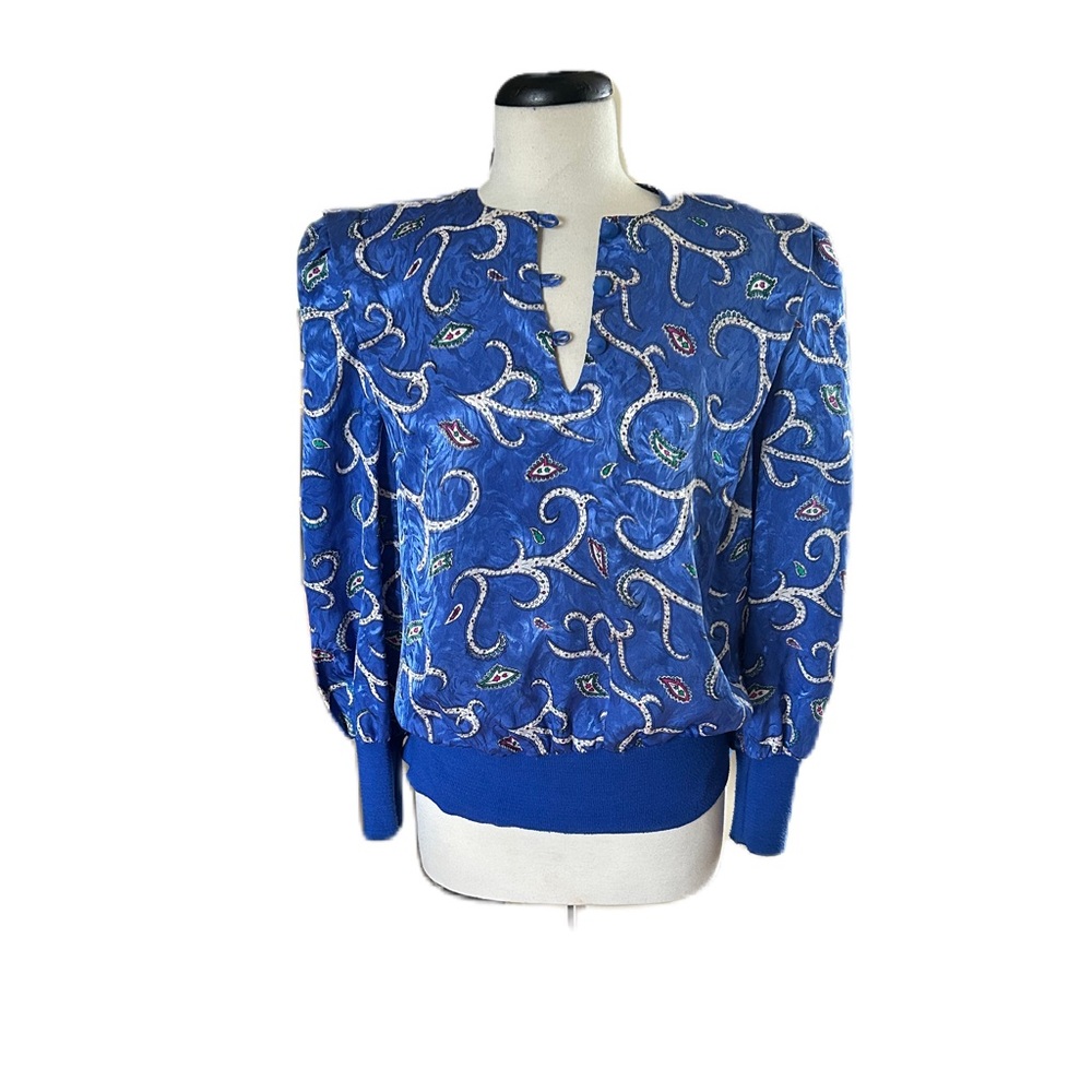 Vintage Evanna Size 10 Blue Floral Paisley Blouse Shoulder Pads Coastal Grandma